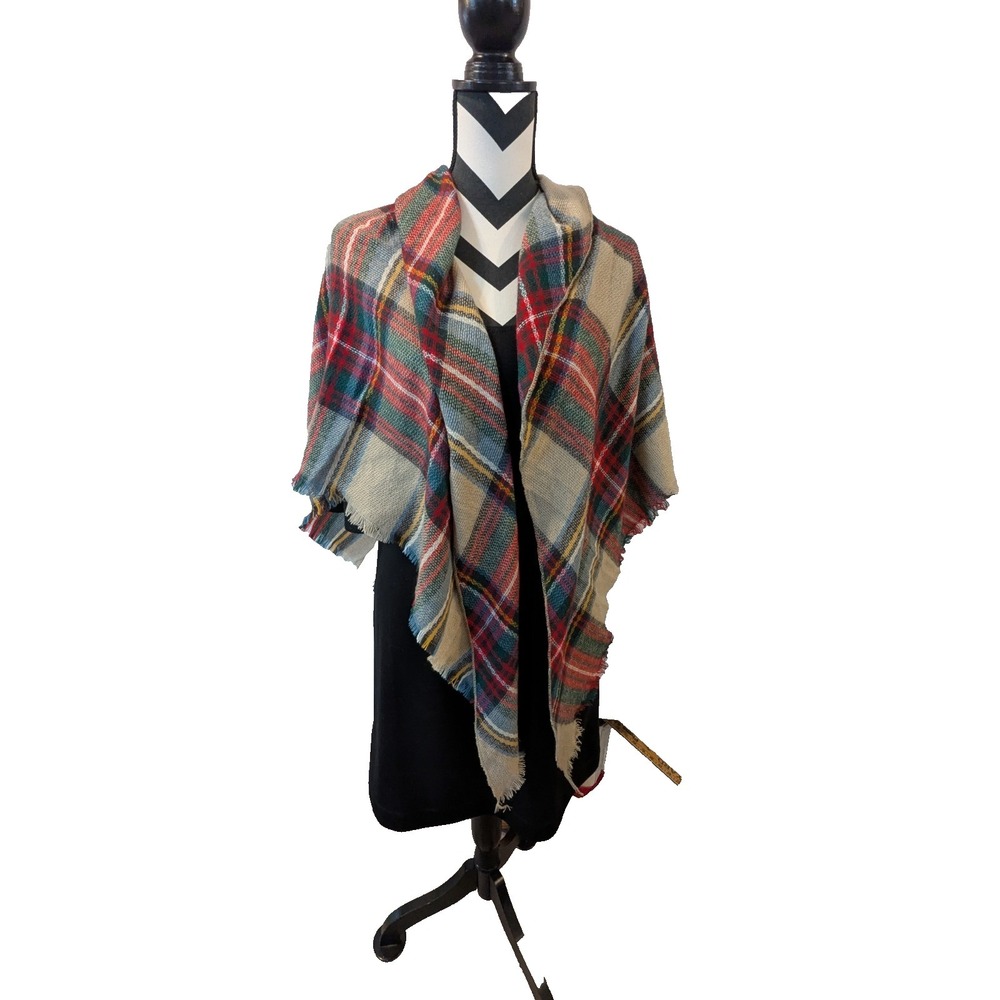 Womens Multicolor Fringe Detailing Hem Plaid Rectangle Wrap/Shawl/Scarf